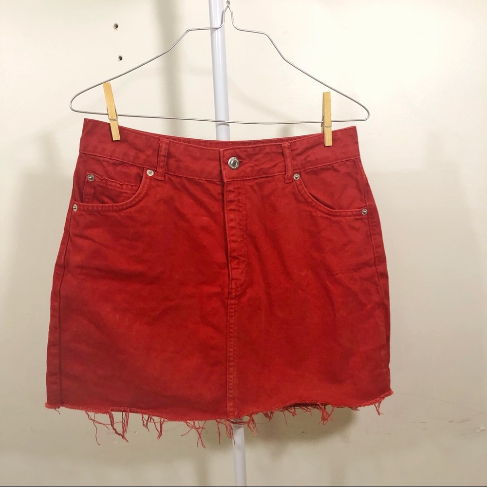TOPSHOP MOTO Red Denim Button Skirt